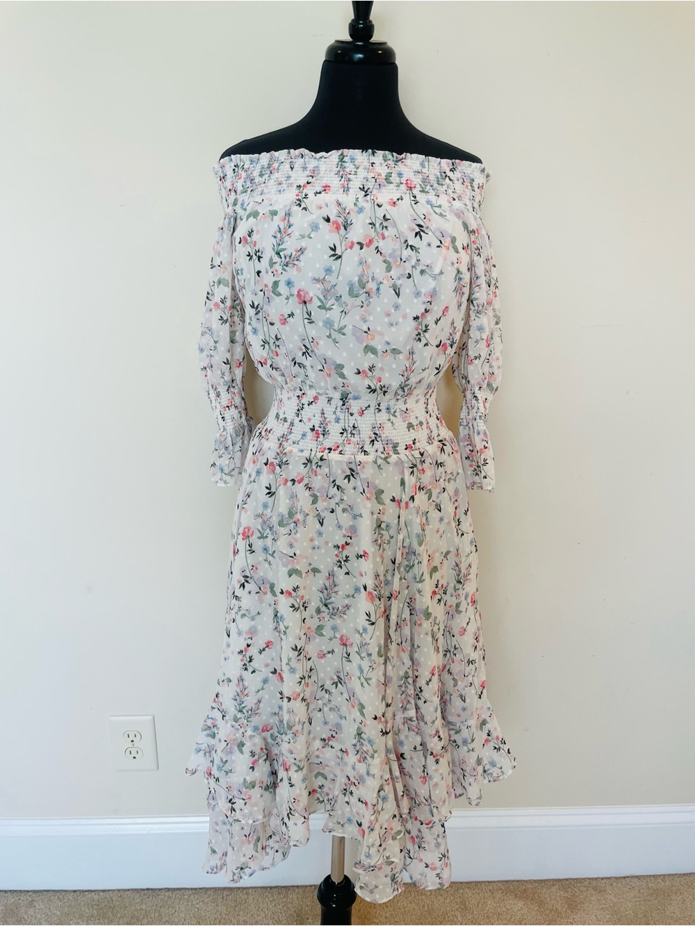 Tahari White Off-Shoulder Floral Midi Dress with Pink Blossoms